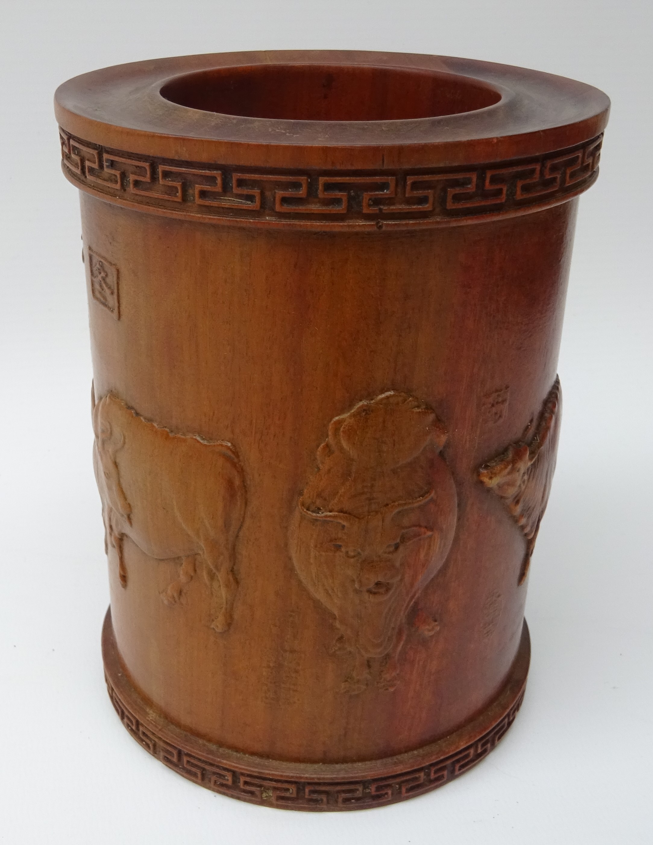 Chinese hardwood brush pot Bitong carved in relief with Water Buffalo, - Image 4 of 7