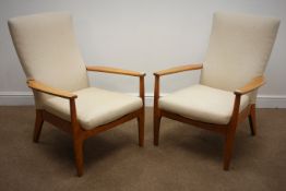 Pair Parker Knoll teak framed open arm chairs, beige upholstered back and seat, tapering supports,
