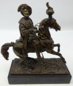 Patinated bronze figure of a Cavalier on Horseback on marble plinth,