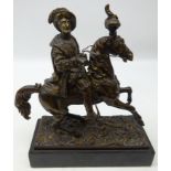 Patinated bronze figure of a Cavalier on Horseback on marble plinth,