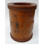 Chinese hardwood brush pot Bitong carved in relief with Water Buffalo,