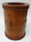 Chinese hardwood brush pot Bitong carved in relief with Water Buffalo,