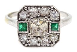 White gold diamond and emerald ring, stamped 18ct Condition Report approx 3.