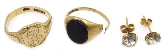 Gold signet ring, onyx ring and pair of stone set stud earrings,