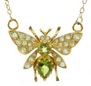 Silver-gilt peridot, amethyst and opal butterfly pendant necklace,