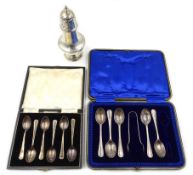 Silver sugar caster Birmingham 1911, set of six silver coffee spoons,