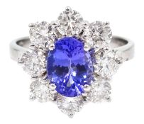 18ct white gold tanzanite and diamond cluster ring, hallmarked, tanzanite approx 1.