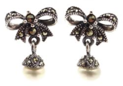Pair of silver marcasite and pearl bow pendant earrings,