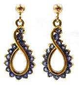 Pair of 9ct gold sapphire scroll pendant earrings,