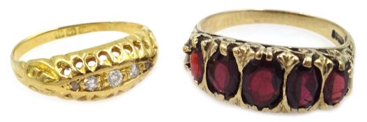 Victorian 18ct gold five stone diamond ring and five stone garnet ring,