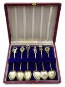 Set of six early 20th century Indian silver spoons with gemstone set finials stamped SS cased