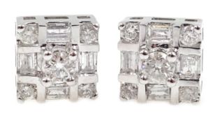 Pair of 18ct white gold, baguette and round brilliant cut diamond square stud earrings, hallmarked,