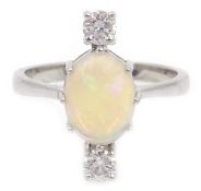 18ct white gold (tested) opal and diamond ring, opal 1.35 carat, diamonds 0.