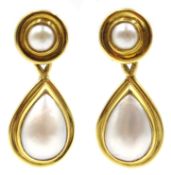 Pair of 18ct gold pear shaped and round pearl pendant earrings,