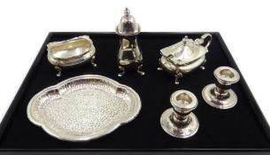 Silver three piece cruet, beaten silver pin tray 7.