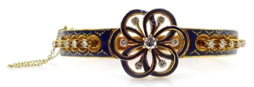 Victorian style 18ct gold diamond and blue enamel hinged bangle, stylized open work flower design,