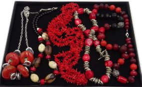 Coral and stone set necklace, two other coral necklace,