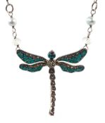 Silver green enamel, pearl and marcasite silver dragonfly necklace,