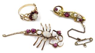 Victorian gold opal and pink stone set scorpion brooch, garnet flower brooch,