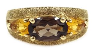 9ct gold brushed gold smoky quartz and citrine ring,