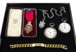 Victorian silver pocket watch, similar continental watch, silver Albert chain & fob,