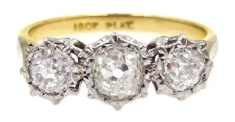 Gold three stone old cut diamond ring, stamped 18ct Plat Condition Report Approx 2.