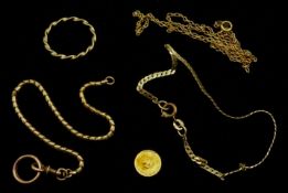 15ct gold (tested) chain, Mexican gold token, 9ct gold ring, bracelet and necklace,