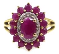 9ct gold ruby and diamond cluster ring, hallmarked Condition Report Approx 3.