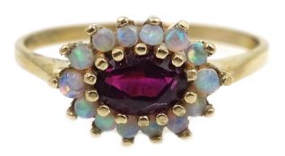 9ct gold opal and garnet cluster ring, hallmarked Condition Report Approx 1.