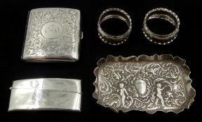 Silver cigarette and card cases, pair napkin rings and a pin tray hallmarked approx 5.