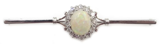 18ct white gold opal and diamond cluster bar brooch by B&S,