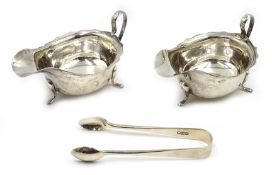 Pair of silver sauce boats and a heavy pair of tongs all hallmarked approx 8.