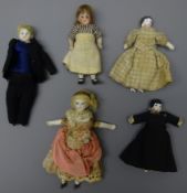 Five continental porcelain doll's house dolls, one with applied hair,