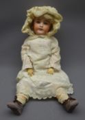 Limoges France bisque head doll with applied hair, sleeping eyes, pierced ears,