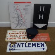 Five signs including railway related, 'Gentlemen',