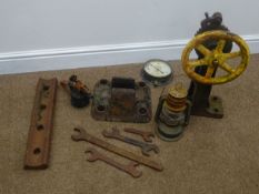 Hand operated cable tensioner marked 'NER WB&S CoLd England', gauge lamp, blowtorch, L.N.E.