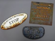 Three cast iron railway signs, 'Railroad Crossing STOP Look and Listen',