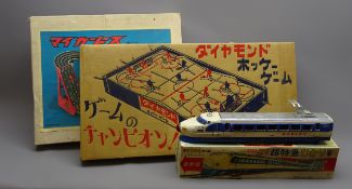 Japanese table-top ice hockey game with tin-plate figures L67cm in original box with Japanese
