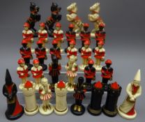 Mid-20th century moulded composition medieval style chess set,