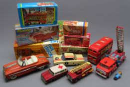 Five Chinese tin-plate friction drive models comprising two Fire Trucks, Minister Open Deluxe car,
