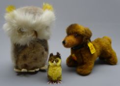 Three Steiff soft toys as a large owl No.2625/15 H17cm, small owl No.