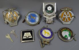 Seven car badges comprising two chrome/yellow AA (with two AA keys), three Great dane Club,