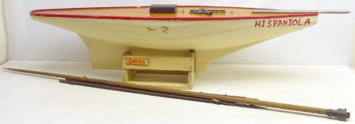 20th Century white painted model pond yacht, red painted rim and decking effect top,