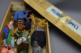 Collection of Pelham puppets including Wolf, in original box, Witch, Old Man, Skeleton,