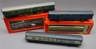 Tri-ang Hornby '00' gauge - three passenger coaches, bogie goods wagon and R342 Car Transporter,
