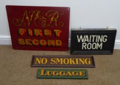 Four painted signs, 'Waiting Room', 'No Smoking', 'Luggage' and 'NGR First Second',