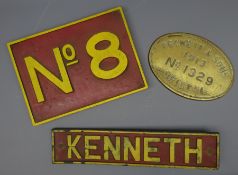 Cast iron locomotive name plate 'Kenneth' in red and yellow L53cm, similarly coloured 'No.