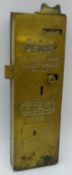 Early 20th century brass public toilet lock 'Place Penny in Slot and Slide Knob' by Etas no.5 H34.