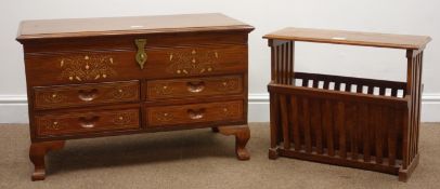 Eastern brass inlaid hardwood chest with hinged lid and four short drawers on bracket feet, W76cm,