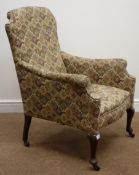 Edwardian upholstered armchair, shaped back and out scrolled arms on cabriole legs, H98cm,